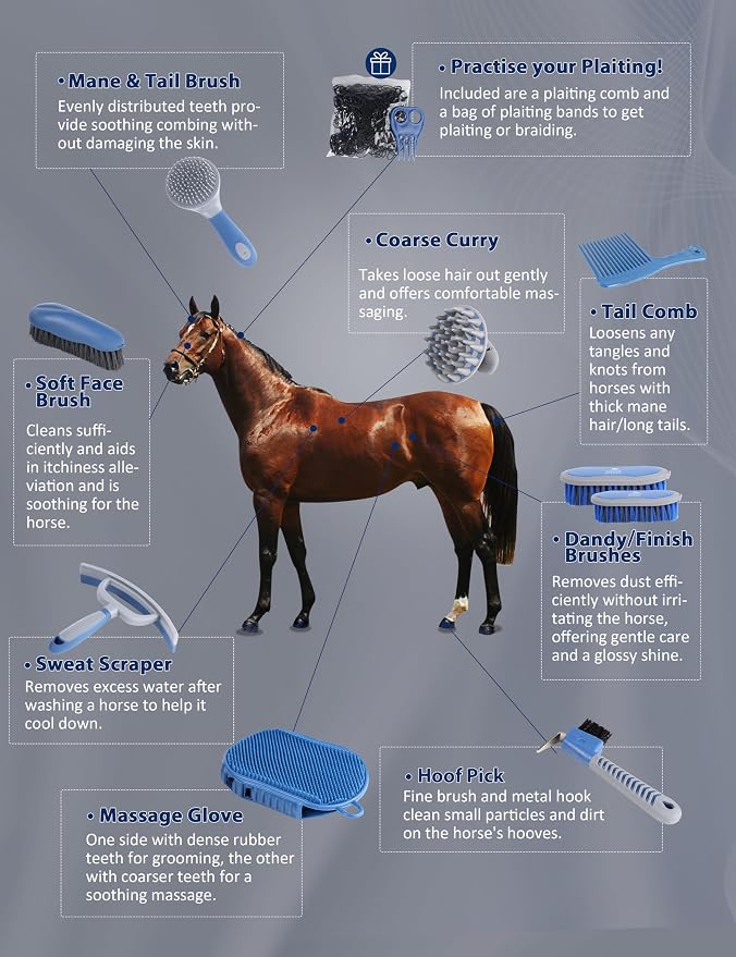 Harrison Howard Horse Grooming Kit 9 Piece with Tote, Non-Slip Silicone Grip Brush Set for Horses, Shedding Bathing Daily Care, Beginner Friendly Deep Blue