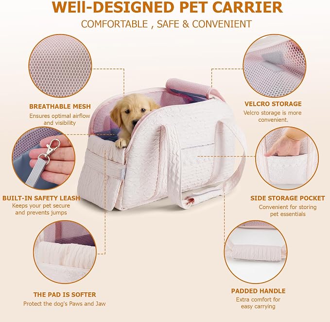 Dog Carrier Tote Bag, Foldable Soft Sided Breathable Mesh Lightweight Travel Handbag with Padded Handles, Lace Decor Portable Pet Purse for Small Puppy Kitten Cat Up to 15 Lbs (Pink)