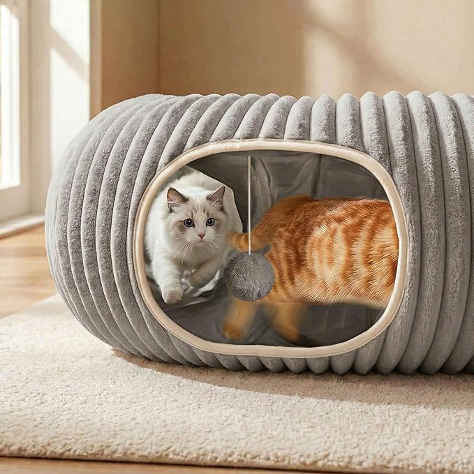 Cat Tunnel Bed for Indoor Cats, Peekaboo Cat Cave Bed,Soft Cat Donut Tunnel for Kitten Large Cats, Grey