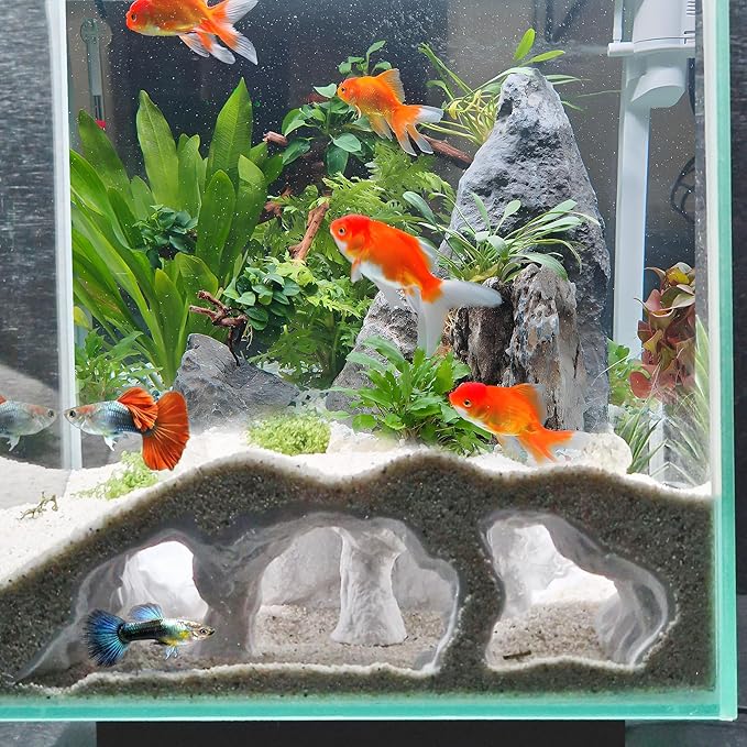 LIYAOLI 3D Printed Aquarium Cave Tunnel Hideout - Natural Under Gravel Decor for Pleco, Shrimp, Corydoras - Substrate-Friendly Sinking Base with Viewing Ports