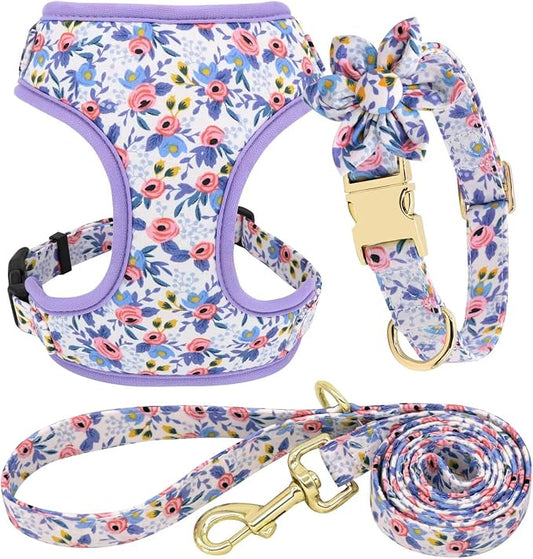 Beirui Cute Dog Collars,Harnesses,Leashes Set, Floral Pattern, Blue,M | Girl Dog Harness Set with Flower, Adjustable and Soft Mesh Lining, For Medium Dogs Daily Walks