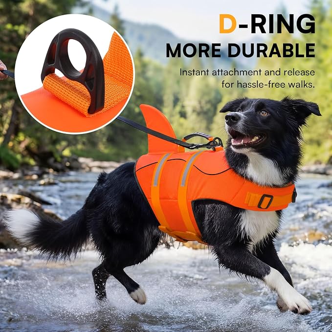 Dog Life Jacket, Dog Life Vest for Swimming, Puppy Shark Swimming Vest with Rescue Handle, Reflective Adjustable Pet Lifesaver Preserver for Small Dogs, Orange S
