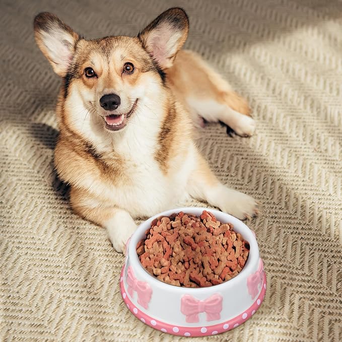 Reallnaive 1 Pcs Pink Bow Ceramic Bowl for Small Dog and Cat Cute Bowtie Pet Bowl for Food Water Macaron Pink Dish Pets Feeding Bowls Suitable Small Cat Dogs