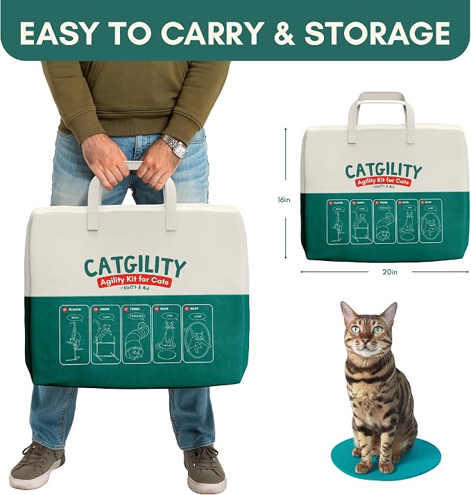 ALBERT & MIA Catgility™ Cat Agility Equipment, Hurdles, Poles, Hoop & Tunnel | Indoor obstacle course training for kittens and small dogs, jumping exercise and enrichment, clicker trainer guide included