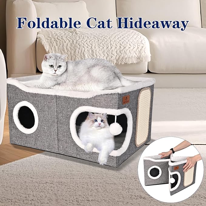 Extra Large Cat Beds for Indoor Cats, Covered Cat Cave Beds & Furniture with Scratch Pad and Fluffy Ball, Foldable Cat Condo Hideaway with Reversible Cushion for Multi Small Pet Large Kittens, Grey