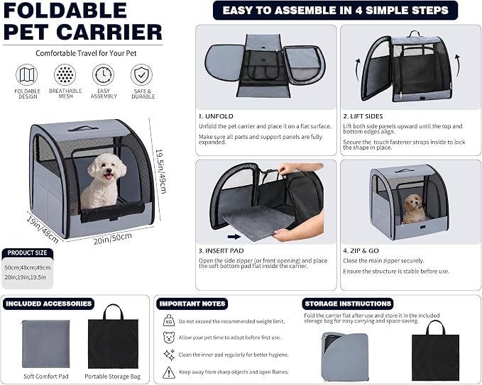 Dog Car Crate, Enclosed Foldable Cat Car Seat Carrier, 20x19x19.5in, Gray | Portable Dog Cat Carrier with Seatbelt Attachment & Headrest Strap, Soft-sided Pet Kennel with Bed for Pet Travel up to 25 lb