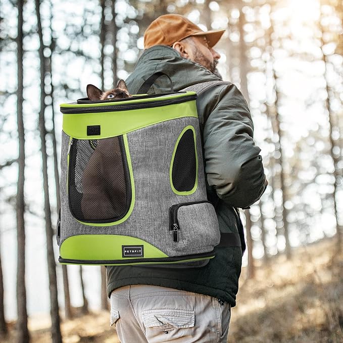Petsfit Pet Backpack Carrier Easy-Fit Dog Travel Backpack Carrier for Hiking Walking Cycling Suitable for Small Medium Dogs Cats and Rabbits up to 22 Pounds, Green | 13.5 x 12.5 x 17.5 in; reinforced frame, 600D Oxford, 4 mesh panels, lockable zippers,...