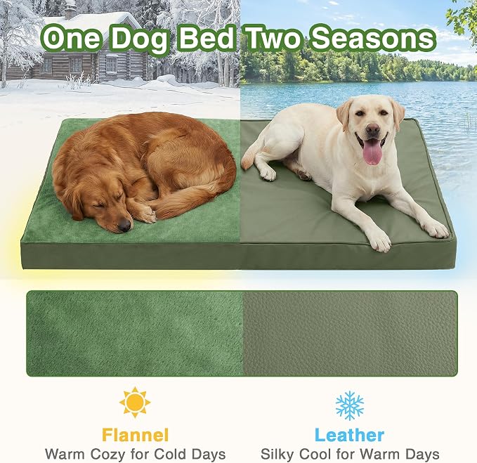 Waterproof Extra Large Dog Bed Washable Outdoor Orthopedic XL Crate Pad 42" | Reversible Wipeable Faux Leather & Soft Flannel, Durable Foam Pet Bed, Removable Cover,Anti-Slip Kennel Pad 41"x27" Green