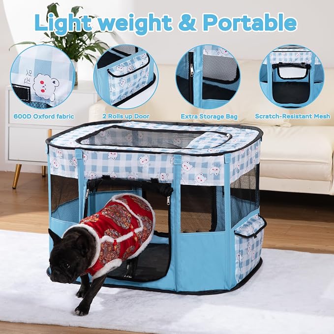 XRG Foldable Pet Playpen,Indoor Cat cage Puppy Crates L(35.4"x27.6"x23.6") | Portable Cat Kennel with Upgrade Breathable Mesh，Sturdy Kitten Playpen Indoor & Outdoor for Rabbit or Small Animals，Blue