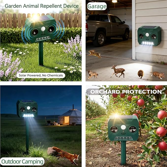 1 Pack 2026 Upgrade Solar Ultrasonic Outdoor Animal Repeller with Motion Sensor, Raccoons, Deer Squirrels, Dogs, Cats, Rabbits, and Skunks. IP65 Waterproof, with Flash Lights for Yard Garden