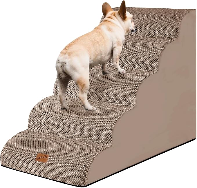 GoGoBunny Ramp Dog Stairs for High Beds 24.4" H, 5-Step Extra Wide Dog Slope Stairs with Durable Waterproof Fabric Cover, Pet Steps for Old Large Dogs Climbing, Non-Slip Sturdy Indoor Step, Camel