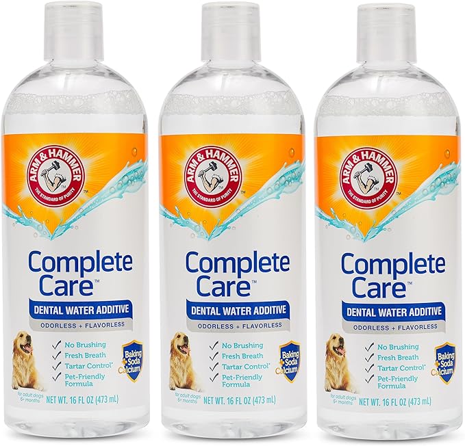 Arm & Hammer Complete Care Dog Dental Water Additive, Odorless Flavorless Daily Oral Care Solution with Baking Soda and Calcium for Plaque, Tartar, and Fresh Breath, 16 Fl Oz - 3 Pack