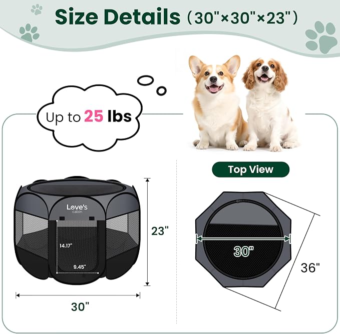 Love's cabin Pet Puppy Dog Playpen, Medium Dog Tent Crates Cage Indoor/Outdoor, Portable Playpen for Cat, Foldable Pop Up Dog Kennel Playpen with Carring Case, Removable Zipper Top, Dark Grey