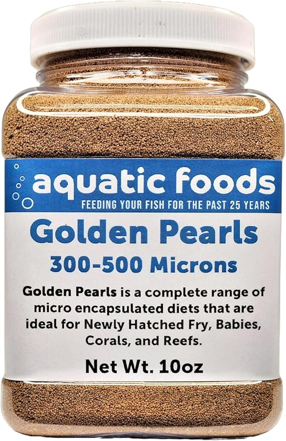 Aquatic Foods Inc. Golden Pearls 300-500 Micron Size New Fry, uveniles of Shrimp, Axolotls, Discus, Cichlids, Catfish, Tetras, Angel Fish, Guppies, Bettas, Goldfish, Corals, Reefs …10oz Small Jar