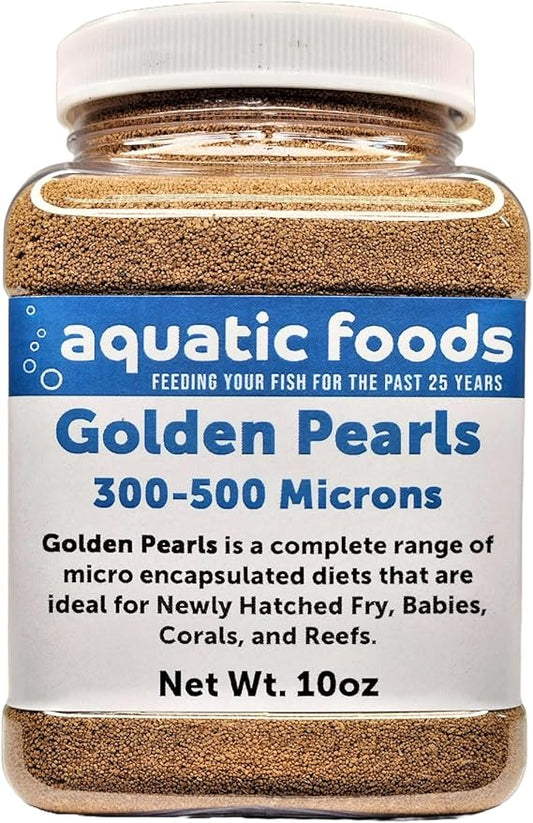 Aquatic Foods Inc. Golden Pearls 300-500 Micron Size New Fry, uveniles of Shrimp, Axolotls, Discus, Cichlids, Catfish, Tetras, Angel Fish, Guppies, Bettas, Goldfish, Corals, Reefs …10oz Small Jar