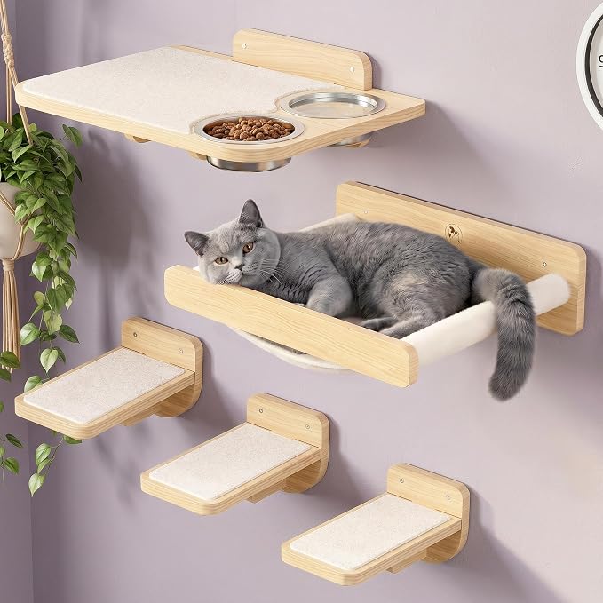 Cat Wall Shelves - Wall Mounted Cat Shelves with Feeding Station | Natural Wood Finish, Solid Pinewood, Beige Carpet, Supports Up to 33 lbs, Stainless Bowls, Dog-proof, Lounging, Climbing