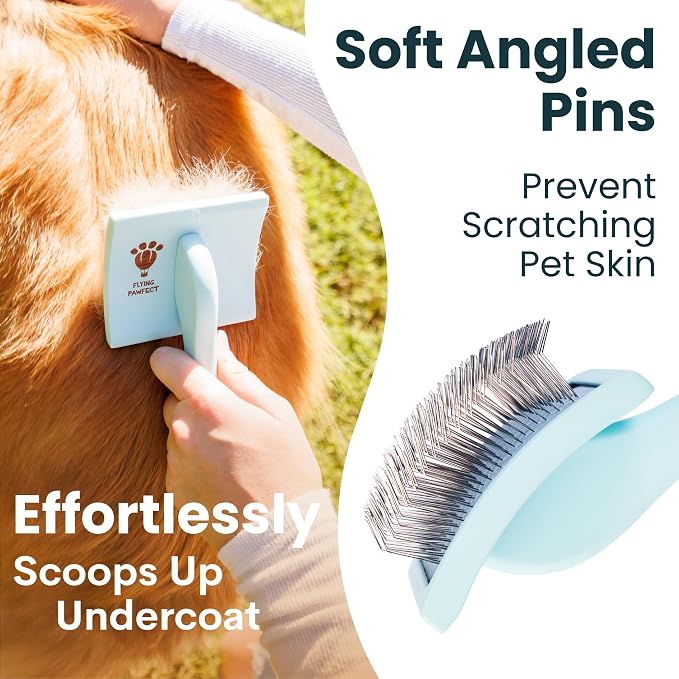Pet Slicker Brush With Soft Massage Grooming Stainless Steel Pins - For Dematting, Shedding Fur, and Undercoat - Ideal Gift for Professional Pet Groomers - Long Slicker Brush (Blue, Curved Medium)
