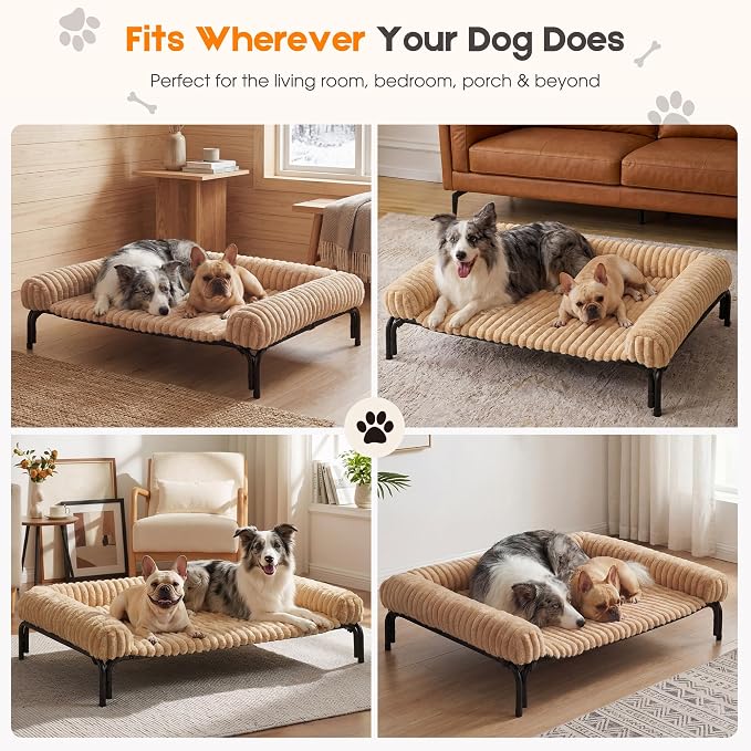 Elevated Dog Bed with Removable Fluffy Pillow Cushion, Raised Pet Cot Washable Bolster, Dog Couch Sofa, Anti Slip Feet, Breathable Mesh, Khaki, 49"×36"