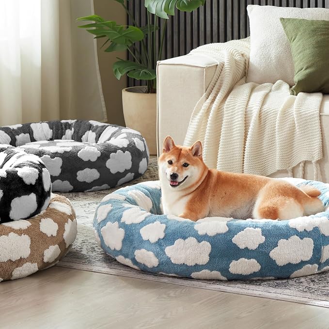 JOEJOY Jacquard Donut Round Dog Beds Medium Sized Dog,Black 30x30x8in, Removable Washable Cover, Cute Pattern, Ultra Soft Fluffy Calming Pet Bed with Thick Supportive Bolster