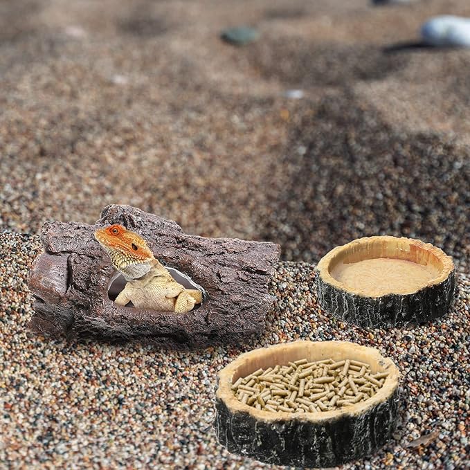 Reptile Hide & Food Bowls - Lizard Resin Hollow Tree Trunk Hideout, Bearded Dragon Tank Accessories - Water Dish Habitat Tank Decoration for Lizards, Snake, Gecko - 3 Pcs (Brown Rock)