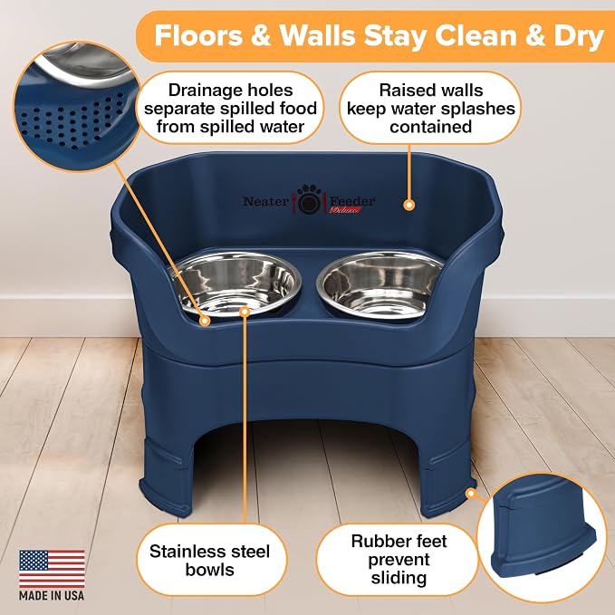 Neater Feeder Deluxe Mess-Proof Elevated Dog Bowls for Large Dogs (40+ lbs), 2 Height Adjustable (14.5” & 17.5”) No-Spill Raised Dog Bowl Stand, Stainless Steel Food Bowl Set, Made in USA, Dark Blue