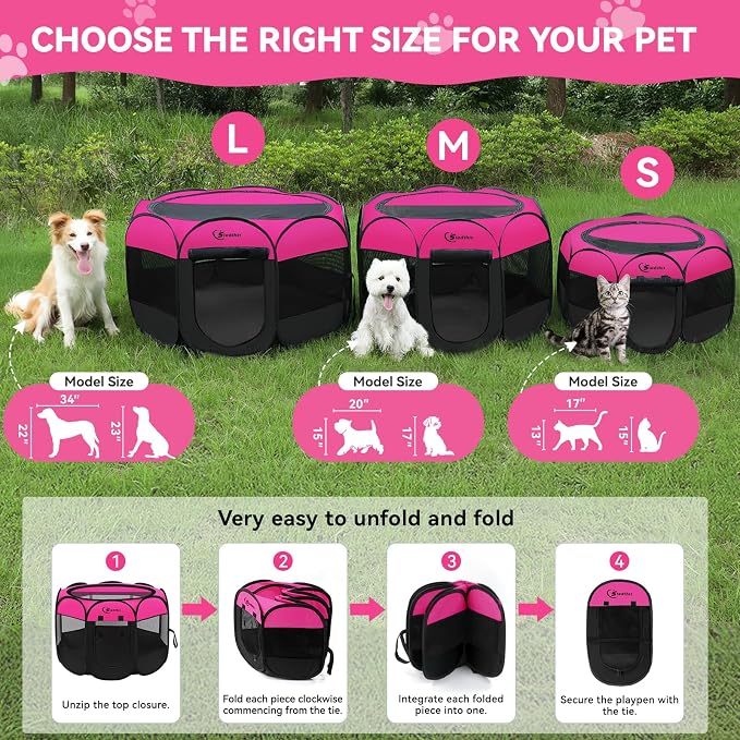 Siedihit Dog Playpen, Medium Puppy Pet Playpen, Dog Crate Tent Cage Indoor | Outdoor, Portable Pop Up Dogs Kennel Playpen with Carrying Case for Dogs/Cats/Rabbits, Hot Pink