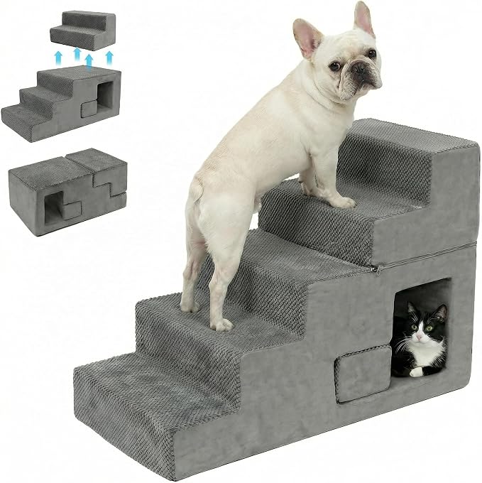 5-Step Dog Stairs for High Bed, 23” H Dog Steps for Bed, Pet Steps for Small Dogs and Cats with Non-Slip Washable Cover, Indoor, Grey