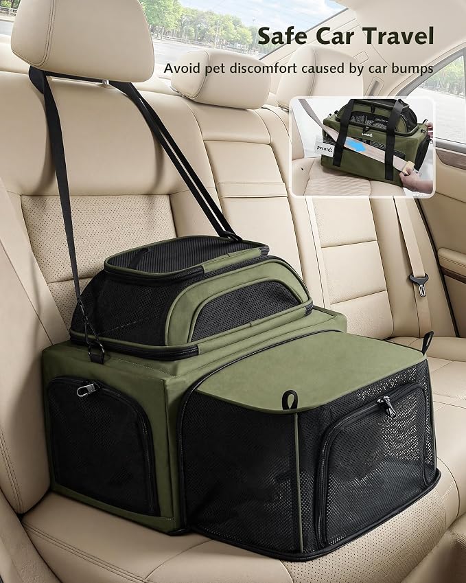 Pecute Top Expandable Airline Approved Pet Carrier for Cats, Dark Gray | Top side expandable, breathable scratch-resistant mesh, leakproof pee pad, locking zippers, foldable travel bag under 11lbs.