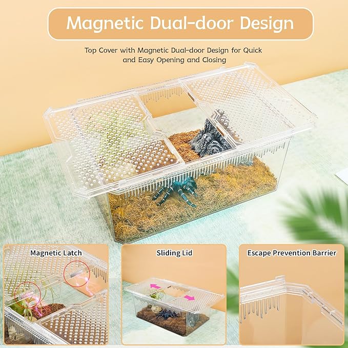 High-Transparency Reptile & Insect Enclosure Terrarium with Magnetic Door, Excellent Ventilation, Easy Cleaning, and Strong, Long-Lasting Build for Cricket,Gecko, Hermit Crab (White, 7.5x4.9x3.7 Inch)