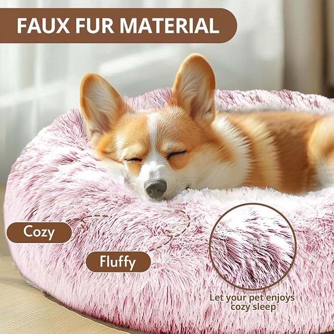JOLLYVOGUE Calming Dog Bed Medium Size Dog, 31in Donut Washable Medium Pet Bed, Anti-Slip & Anti-Anxiety Fluffy Faux Fur Round Dogs Bed, Fits up to 45 lbs Pets (Smoke Pink)