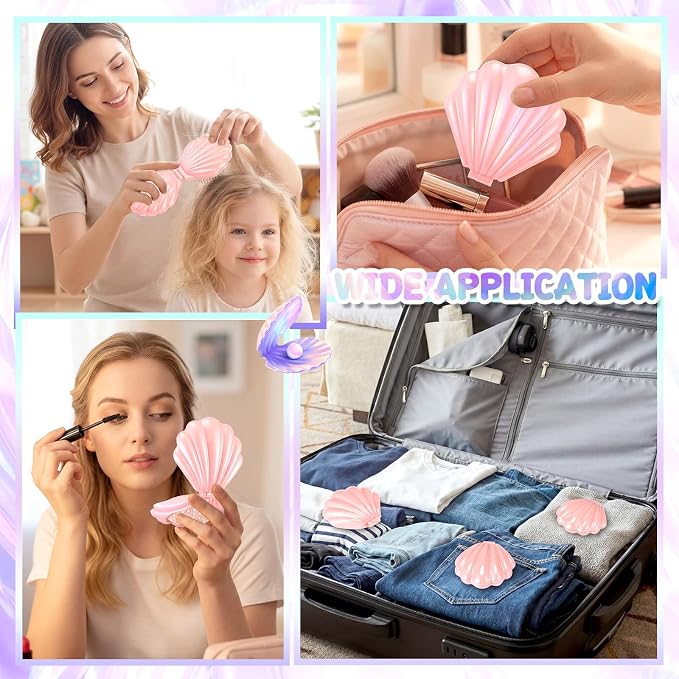 LemonRoad 24 Sets Mermaid Party Favors Shell Hair Brush with Mirror Card, Foldable Mini Travel Compact Hair Brush for Women Birthday, Bachelorette, Under The Sea, Beach Party Gifts(Pink)