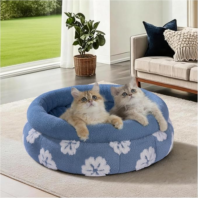 BALANCE Cat Beds for Indoor Cats, Washable Round Cat Bed, Cute 3D Flower Kitten Bed with Anti-Slip Bottom for Puppy and Kitten, 20 Inches, Blue