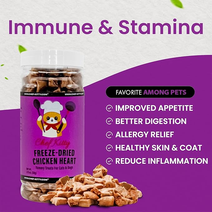 Chicken Hearts for Dogs | Cat Treats Freeze Dried, 100% Human Grade, Single Ingredient | High Protein Cat & Dog Food Toppers | No additives or Preservatives | Inspected & Tested in USA | 1.4 oz.