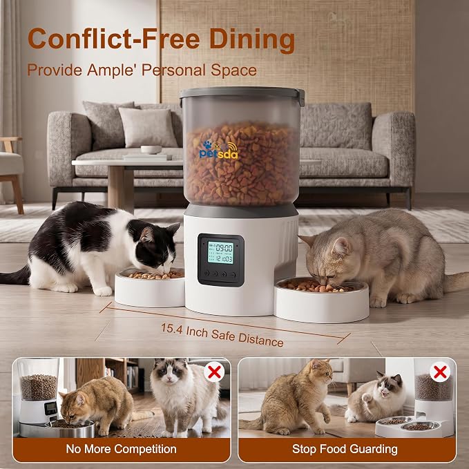 Automatic Cat Feeder for 2 Cats 4L Timed Cat Dry Food Dispenser Double Bowl Auto Pet Feeder and Small Dogs Dual Power Supply 9 Meals Programmable 1-15 Portion Per Day with Stainless Bowl Easy Clean