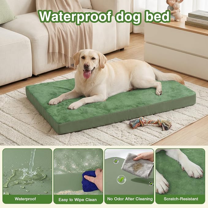 XXL Dog Bed Waterproof Washable Outdoor, Large Foam Crate Pad 48" Green | Jumbo Pet Bed, Reversible Wipeable Faux Leather & Soft Flannel, Durable Removable Cover, Anti-Slip Kennel Pad 47"x29"