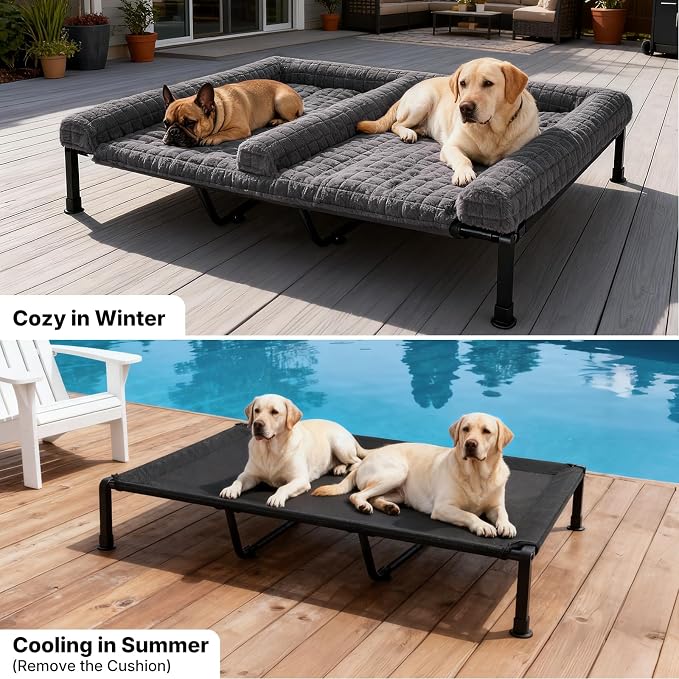 Veehoo Plush Double Dog Couch Bed for 2 Dogs, Washable Elevated Dog Bed | Cooling Raised Pet Cot with Removable Bolster Cushion, Breathable Mesh, No-Slip Feet, 59 x 37 inches, Grey