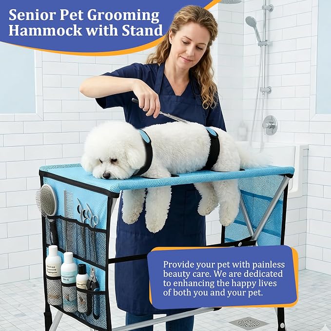 Foldable Pet Grooming Hammock with Stand for Small Dogs & Cats - 8.8 lb | Stand for Dog Grooming Hammock - Aluminium Alloy Support Suitable Support for Nail Trimming, Bathing & Care, No Hook Needed