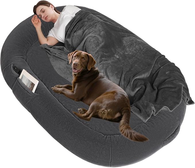 Human Dog Bed for Adult, Orthopedic Gel Memory Foam, 71"x47"x9" | Human Dog Bed Fits Adult & Pets, Reversible Egg-Crate Foam Cushion, Washable Pet Bed with Blanket, Black Grey