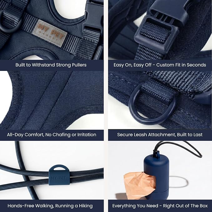No Pull Dog Harness and Leash Set 3-in-1 Adjustable Anti Pull Dog Harness with Hands-Free Matching Leash,Poop Bag Holder,Easy Walk Dog Harness Small Sized Dog(Navy Blue)