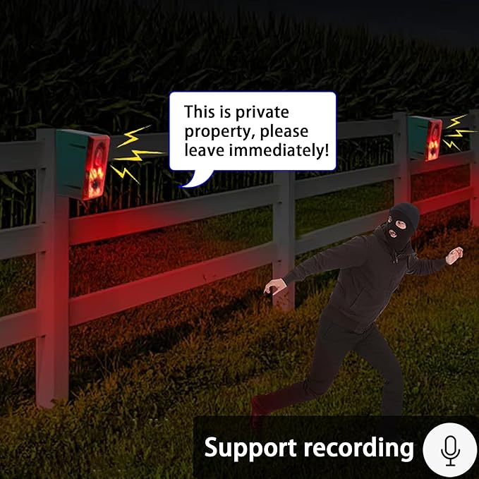 Solar Outdoor Motion Sensor Alarm - QXMH Dog Barking & Gunshot Sound, Support Recording&±Volume, 130db Motion Detector Alarm Light,with USB for Home,Villa,Farm,Barn,Say Goodbye to The Intruders