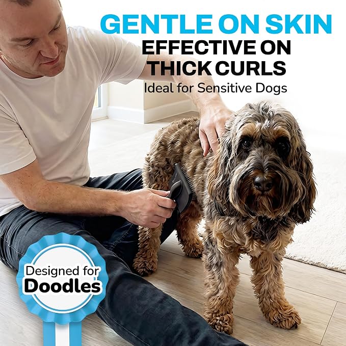 The Doodle Brush Slicker Brush Dog Poodle Brush Detangler, Extra Long Pin | Ergonomic Handle, Goldendoodle, Cockapoo, Cavapoo, Dog Brushes for Grooming, Removes Mats and Tangles, Shiny Coat Pet Brushes