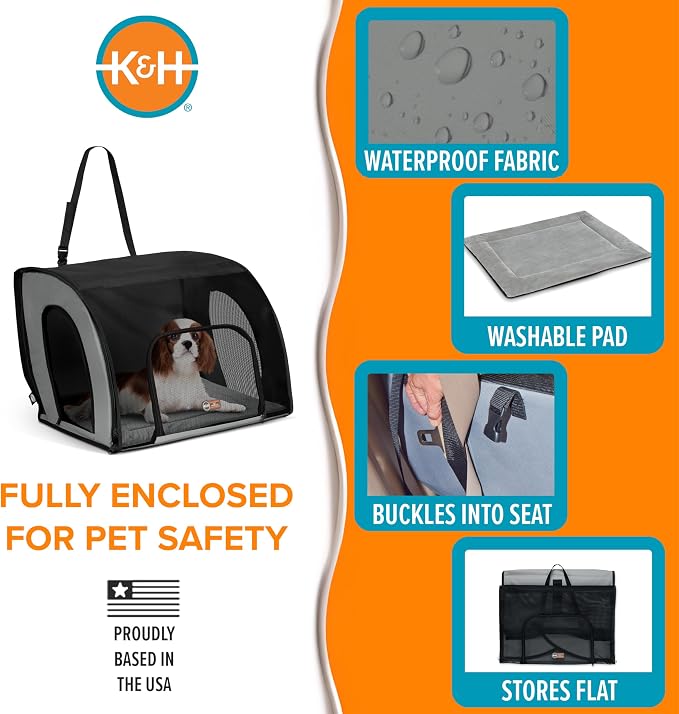K&H Dog Car Seat, Travel Safety Carrier for Pets, Medium, Gray/Black | Enclosed Car Seat for Dogs, Soft-Sided Covered Pet Carrier, Washable Pad, Multiple Entrances, Mesh Windows, 24x19x17in
