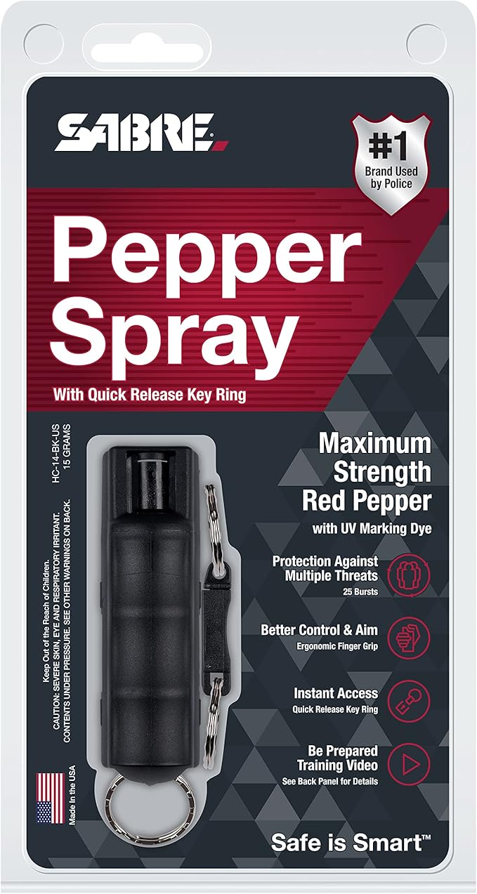 Sabre Pepper Spray - Quick Release Keychain for Easy Carry & Fast Access, Max Police Strength Self Defense OC Spray with UV Dye, 10 Sec. Spray Time, Finger Grip - Faster Aim, 0.54 fl oz,Secure Safety