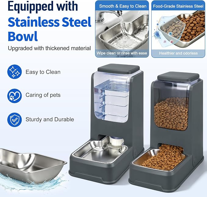 2 Pack Automatic Cat Feeder and Water Dispenser Set with Dog Stainless Steel Feed Bowl Pet Gravity Self Feeding and Waterer Large Capacity for Small Medium Large Dogs Puppy Kitten