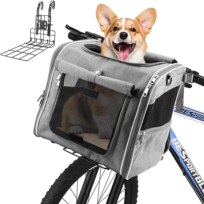 Xixter Dog Basket for Bike, Suitable for Small & Medium Pet Up to 10 kg, Foldable 4-in-1 Pet Bike Basket, Crossbody, Shoulder and Car Seat, with Sturdy Bracket and 4 Mesh Windows, Gray