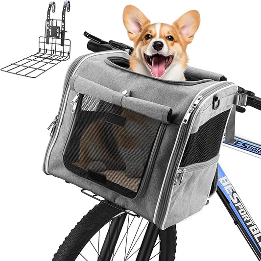 Xixter Dog Basket for Bike, Suitable for Small & Medium Pet Up to 10 kg, Foldable 4-in-1 Pet Bike Basket, Crossbody, Shoulder and Car Seat, with Sturdy Bracket and 4 Mesh Windows, Gray