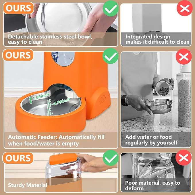 HWONMTE Portable Automatic Cat Feeder and Water Dispenser with Stainless Steel Bowl Dog Gravity Food Feeder and Waterer for Small Medium Pets Puppy Kitten 1 Gallon x 2 (Orange)