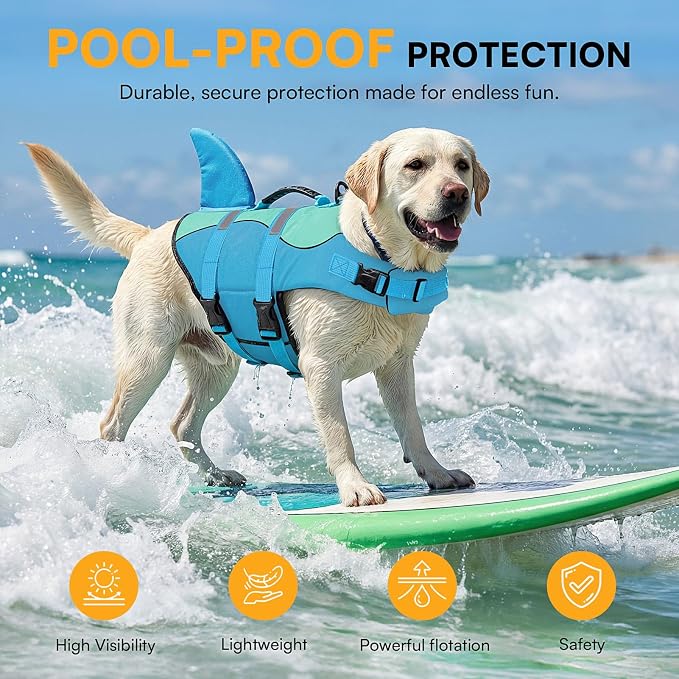 Shark Dog Life Jacket, Dog Life Vests for Boating, High Buoyant Pet Life Vest for Swimming, Adjustable Easy On Life Jackets for Small, Medium, Large Dogs (Pool Blue,L)