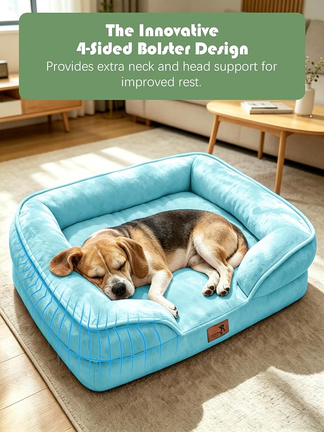 Spotted Play Orthopedic Dog Bed with Sides - Sofa Beds for Medium Dogs, Supportive Foam Pet Couch Bed with Washable Removable Cover, Waterproof Lining and Non-Slip Bottom, Ice Blue - M