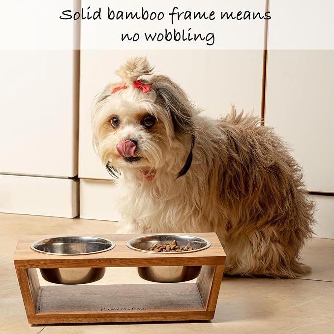 4" Tall Elevated Dog Bowls for Small Dogs, Food and Water Bowl Set by Pawfect Pets (Acacia)